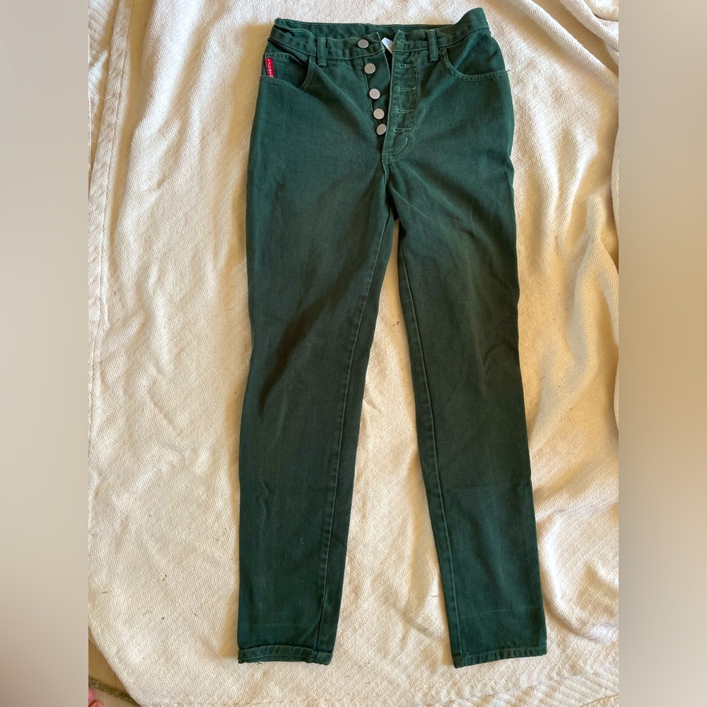 JustUSA high rise skinny/boot cut jeans size 3 button fly forest green